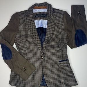Zara Basic houndstooth blazer with blue velvet elbow patches